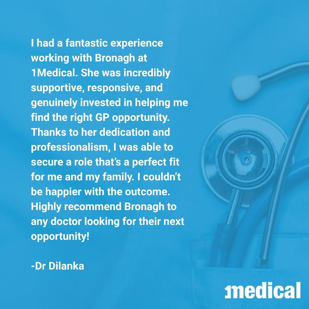 Congratulations to Bronagh Kilcommins for a great testimonial from one of our doctors. “I had a fantastic experience wor...