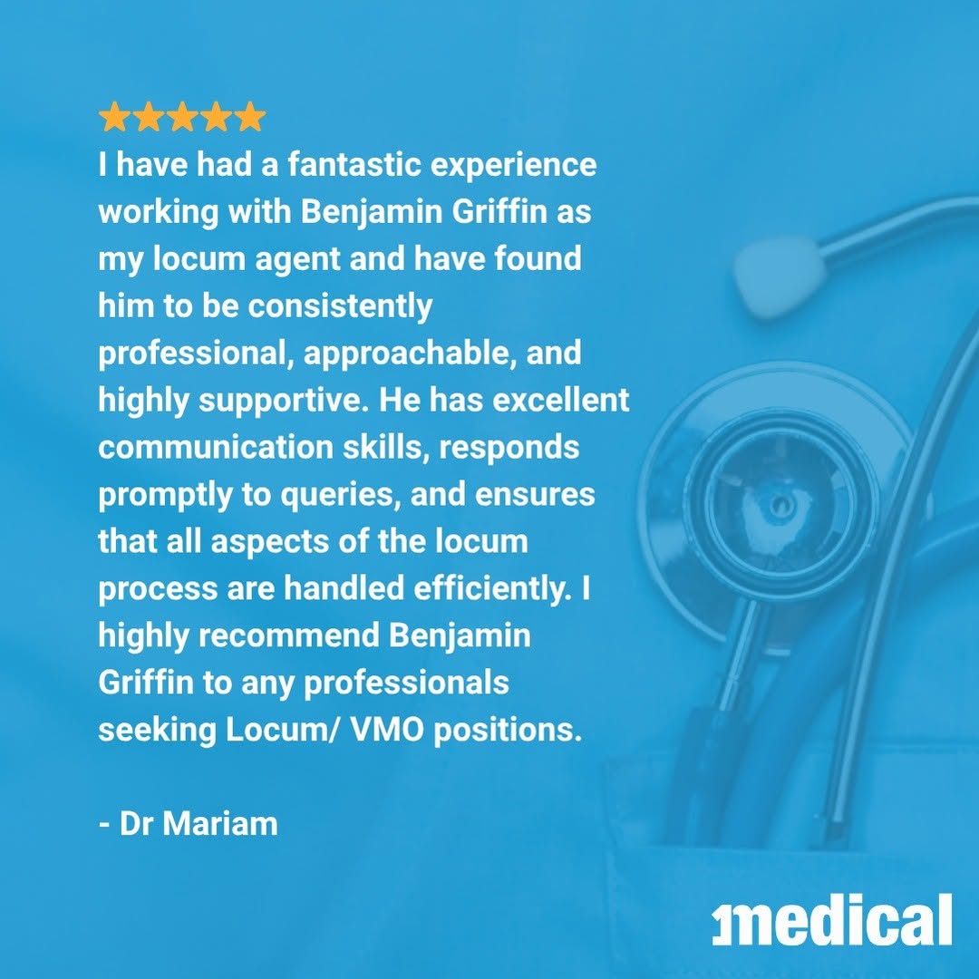 Congratulations to Benjamin Griffin for a great testimonial from one of our locum doctors! "⭐⭐⭐⭐⭐ I have had a fantastic...