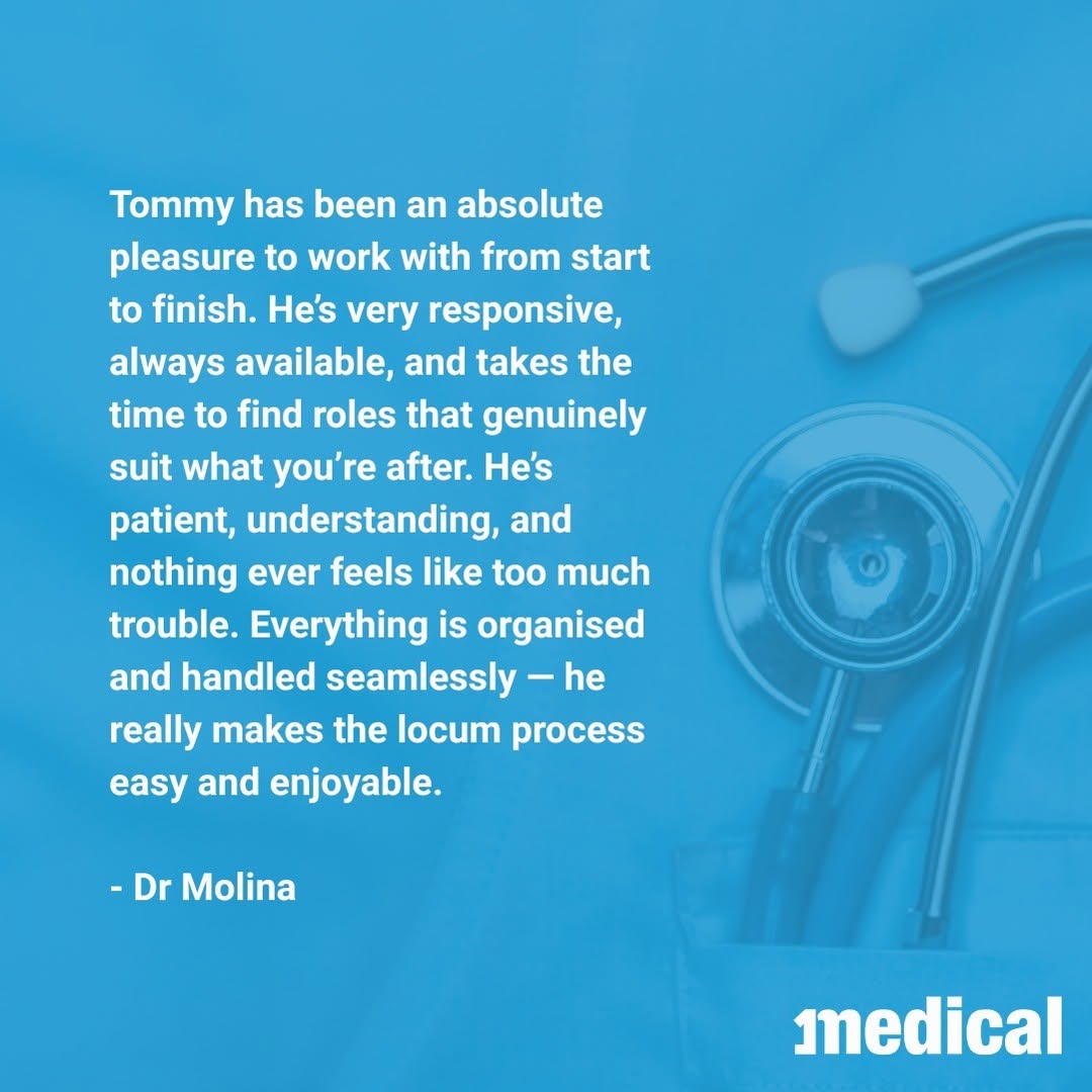 Congratulations to Tommy Davidson for a great testimonial from one of our locum doctors! "Tommy has been an absolute ple...