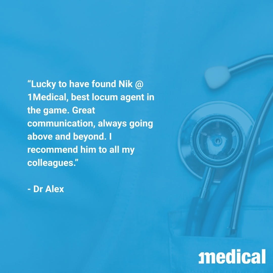 Congratulations to Nik Kalikajaros for a great testimonial from one of our locum doctors! "Lucky to have found Nik @ 1Me...